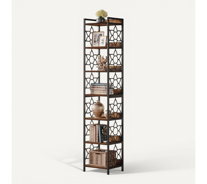 Étagère D'angle Haute à 7 Niveaux, Bibliothèque D'angle Étroite De 200 Cm Avec Structure Métallique