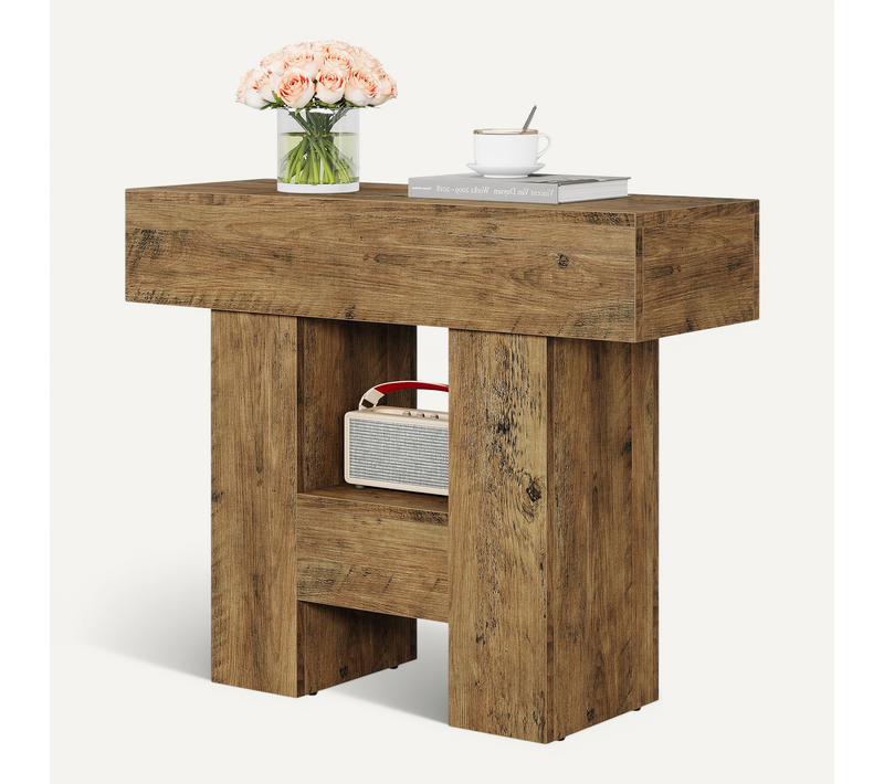 Table D'appoint Étroite, Table De Chevet De Style Campagnard Avec Étagère De Rangement à 2 Niveaux