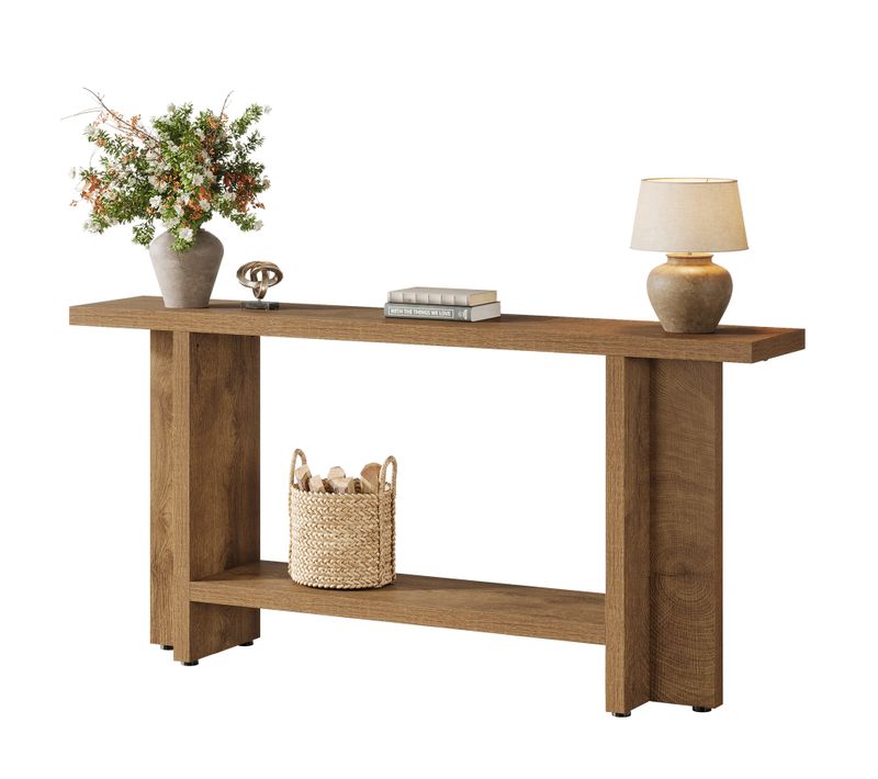 Console D'entrée De 150 Cm, Table De Canapé Longue Et Étroite à 2 Niveaux Derrière Le Canapé