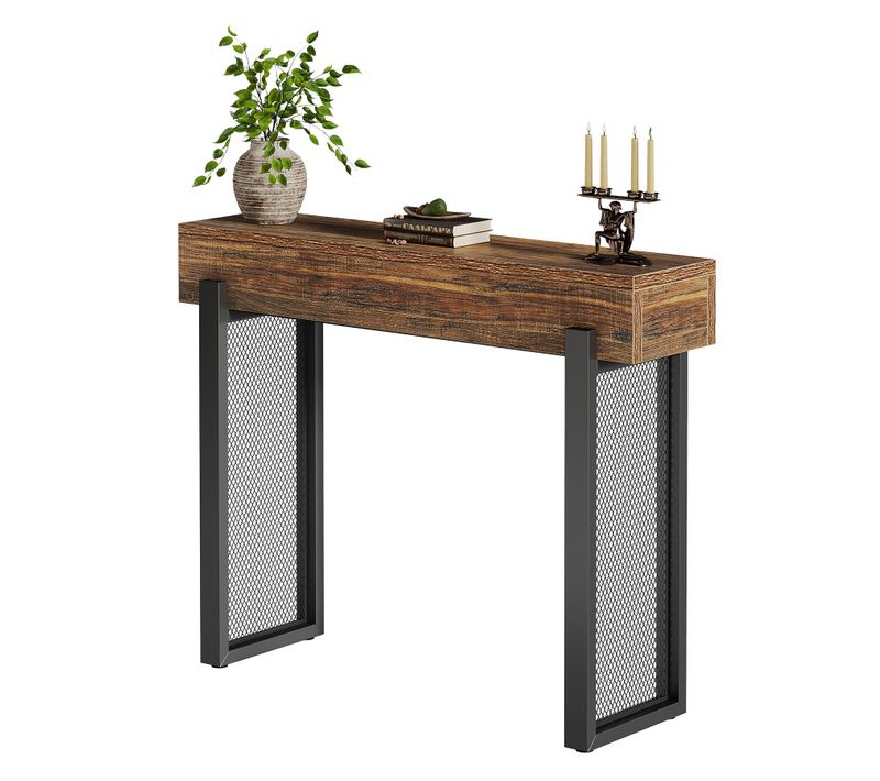 Console En Bois De 105 Cm Avec Rangement, Petite Table D'entrée Industrielle