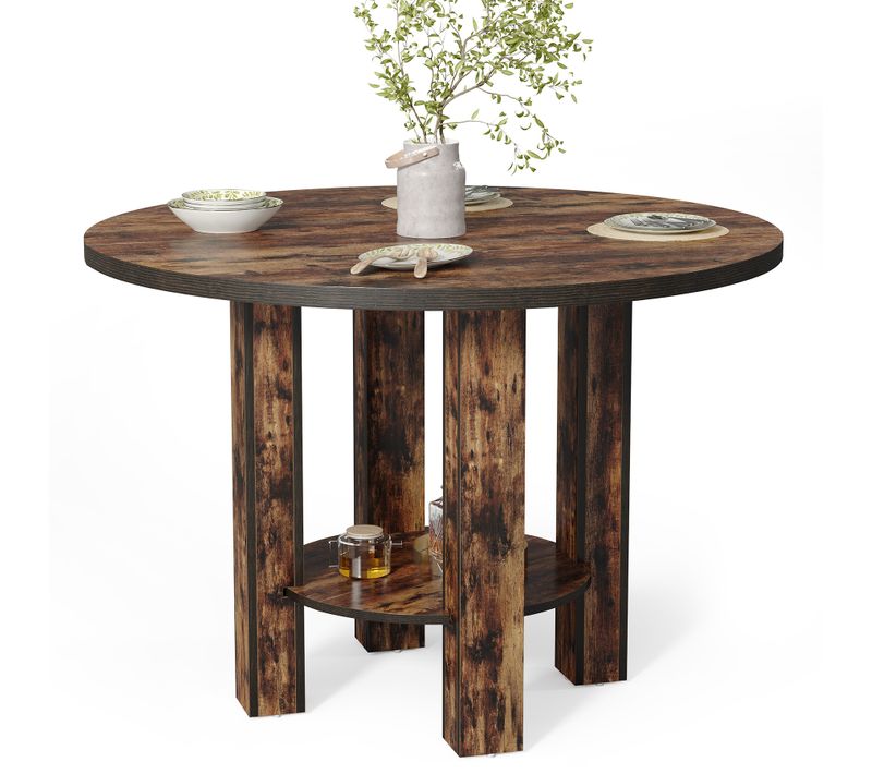 Table à Manger Ronde Pour 4 Personnes, 100 Cm, Table De Cuisine Avec Étagère De Rangement