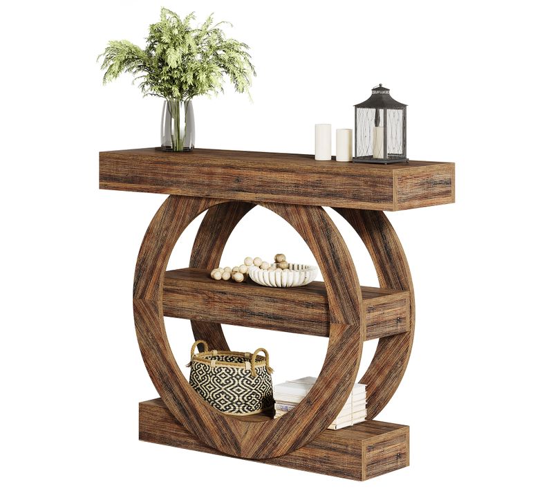 Table D'entrée Étroite Rustique à 3 Niveaux Avec Étagères De Rangement, Table De Canapé De 105 Cm