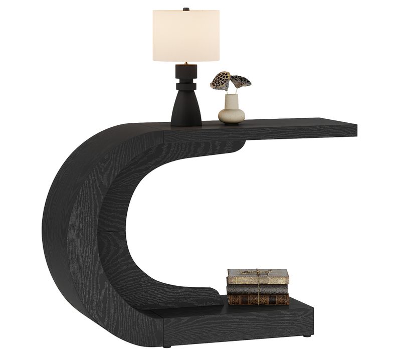 Console D'entrée De 110 Cm Avec Rangement, Table De Canapé Noire Unique En Forme De C