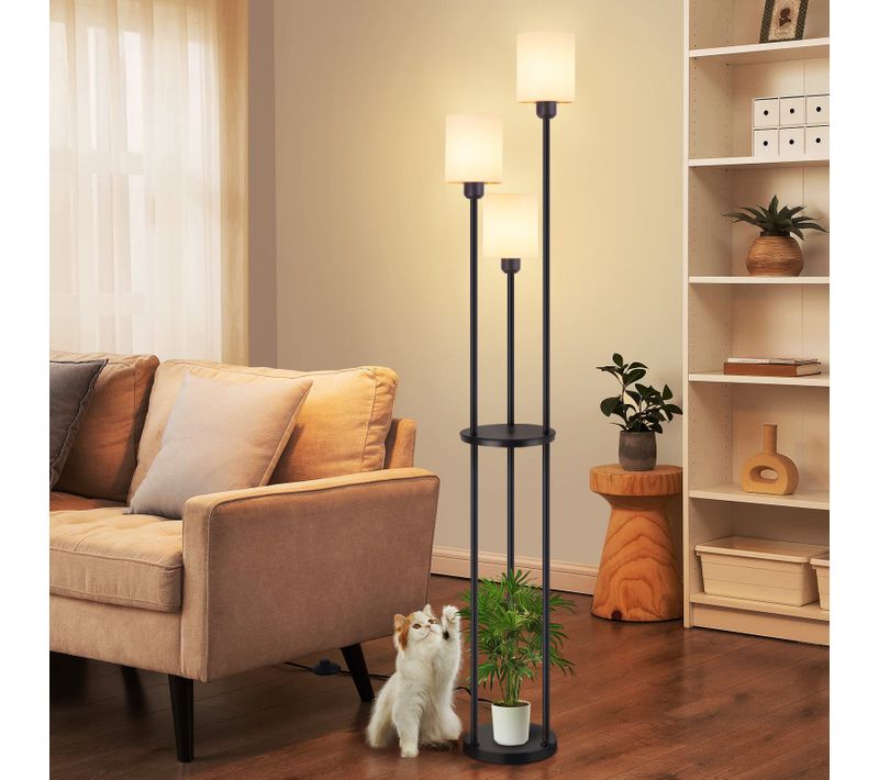 Lampadaire Salon E27 Vintage 3 Lampes Abat-jour Tissu Interrupteur Au Pied