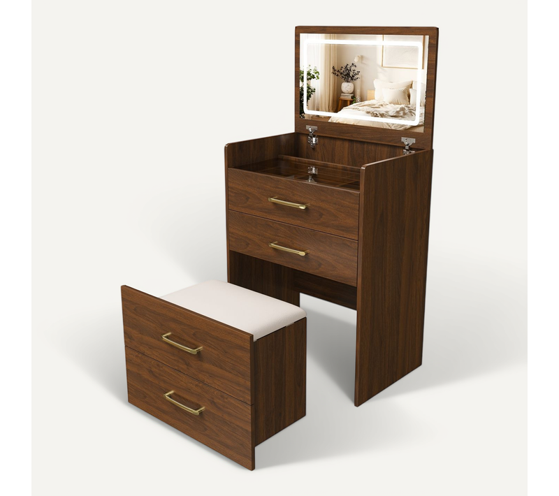 Coiffeuse Chambre 3 En 1 Miroir 60x40x118cm Table Maquillage Moderne Petit 3 Tiroirs 1 Banc Noyer
