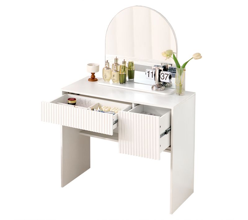 Coiffeuse Chambre Miroir 90x40x133,5cm Table De Maquillage 2 Tiroirs Etagère Ouvert Rangement Blanc
