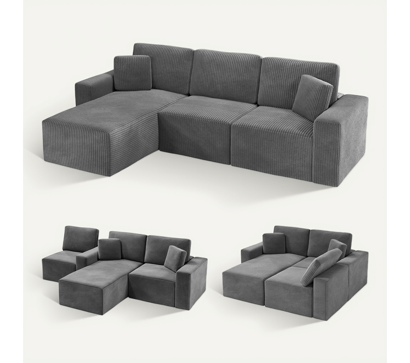 Canapé D'angle Compressé Modulable 254x160x87 Cm - Velours Côtelé - Gris