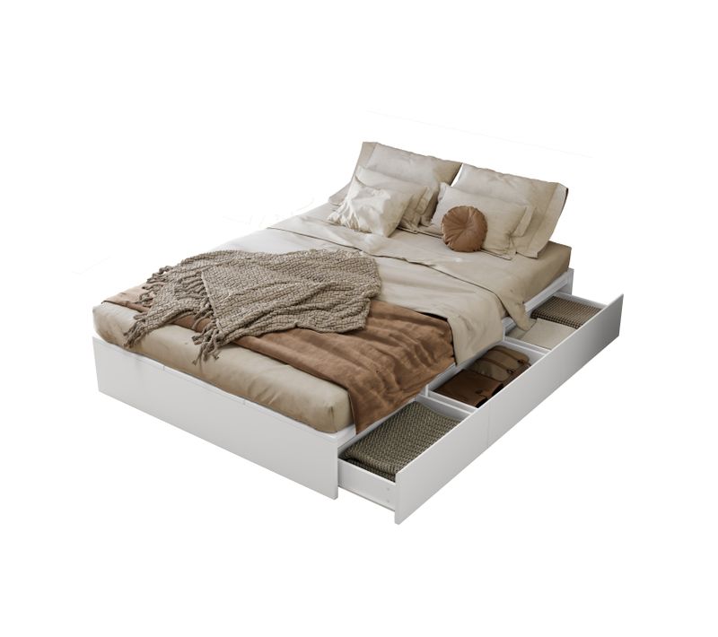 Lit Adulte 140x200cm 2 Personnes 3 Tiroirs 6 Compartiments Rangement Sous Lit Multifonctionnel Blanc