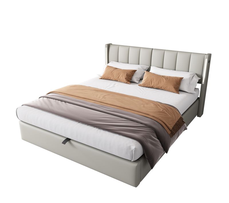 Lit Adulte 2 Pers 140x190cm LED-usb Lit Coffre Rangement Tête De Lit Réglable Relevage Cuir Pu Gris
