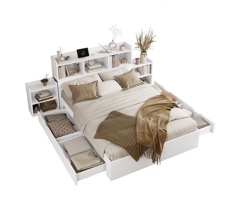 Lit Adulte 140x200cm 2 Personnes 4 Tiroirs 2 Tables Chevet Rétractables Tête De Lit Rangement USB