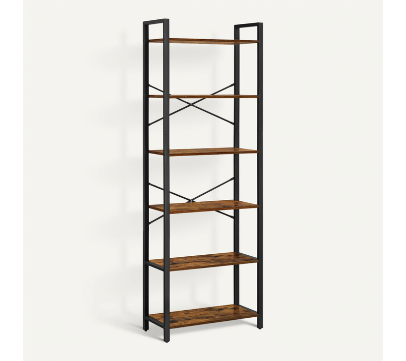 Bibliothèque, étagère à 6 Niveaux, Style Industriel, Marron Rustique,  66 X 30 X 186 Cm