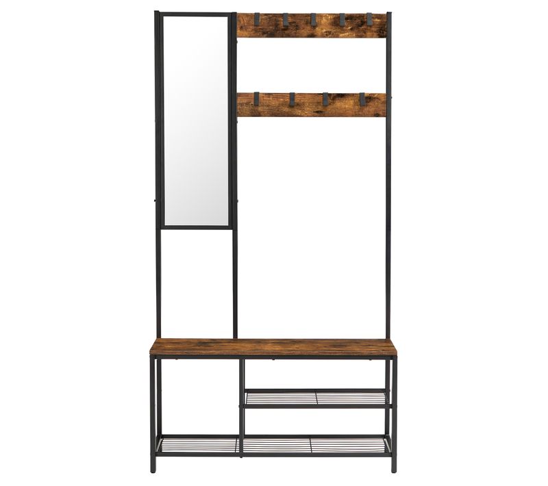 Vestiaire Meuble D'entrée Avec Crochets, Miroir, Et Banc - Style Industriel