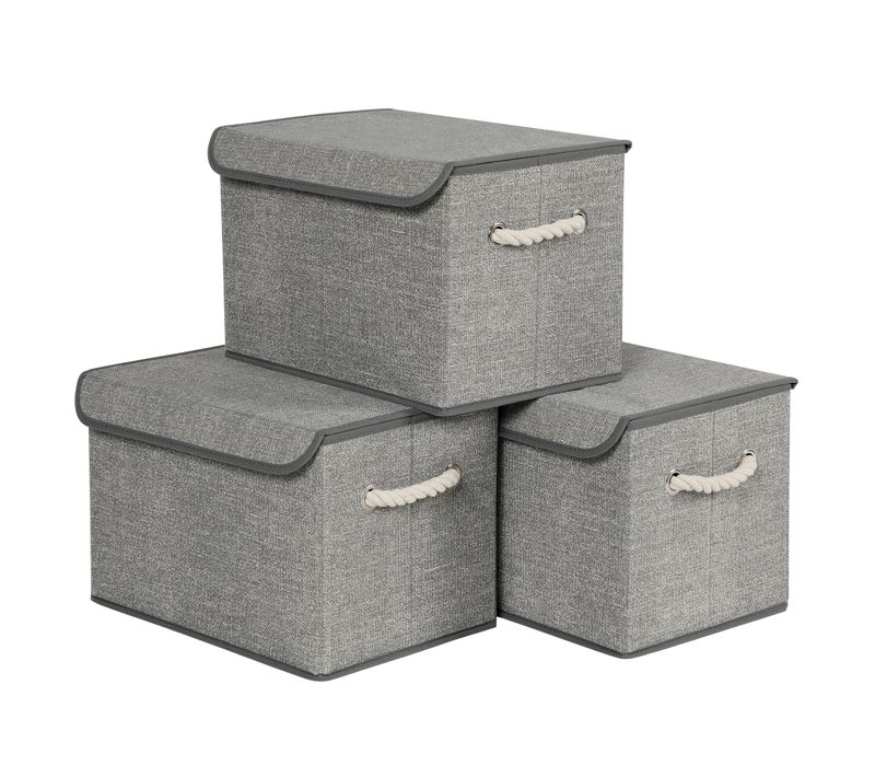 Boîtes De Rangement En Tissu, Lot De 3 Coffres, Avec Couvercle, Poignées Coton, Motif Lin Gris