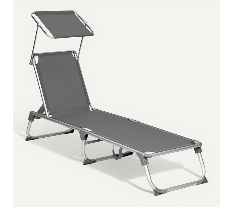 Chaise Longue, Avec Dossiers Et Parasol Inclinables, Pliable, Léger, Charge 150 Kg, Gris Anthracite