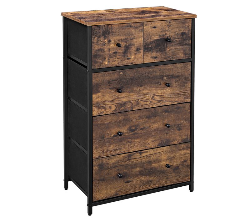 Commode  Avec 5 Tiroirs En Tissu, Style Industriel, Marron Rustique Et Noir