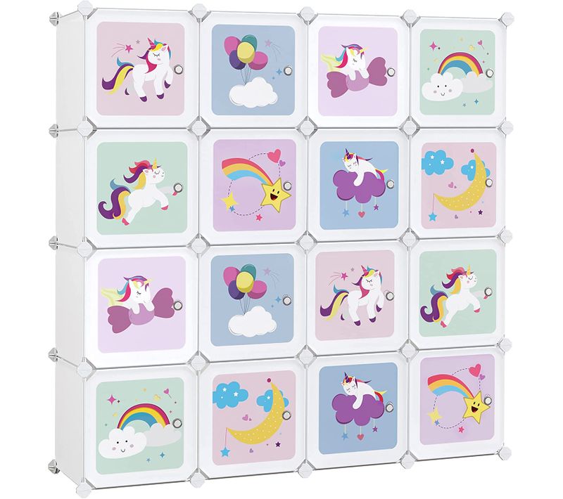 Meuble Rangement Enfant 16 Cubes, Armoire Modulable Avec Portes, 123 X 31 X 123 Cm, Blanc