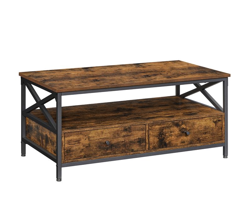 Table Basse, Avec 2 Tiroirs, Cadre En Acier En Forme De X, 100 X 55 X 45 Cm, Marron Rustique Et Noir