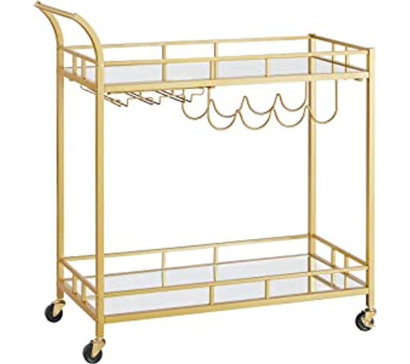 Desserte Pour Boissons, Chariot à Roulettes, 2 Niveaux En Verre Réfléchissant, Porte-verres, Doré