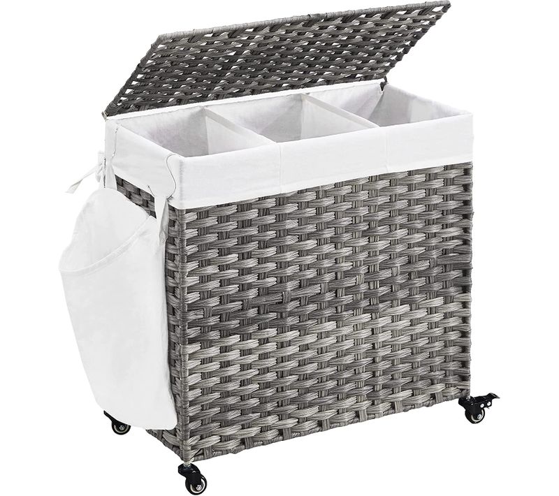 Panier à Linge Tissé à La Main, 140l, Imitation Rotin, 3 Parties, Sac Amovible, Couvercle, Poignées