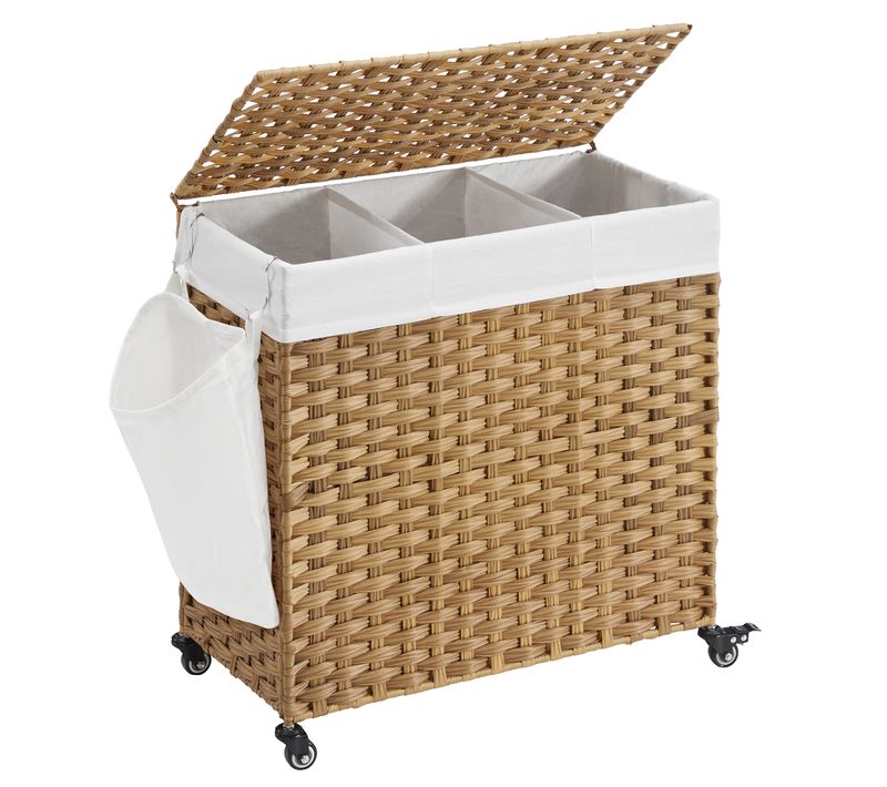 Panier à Linge 140l, Imitation Rotin, 3 Parties, 66 X 33 X 60 Cm, Couleur Boisée