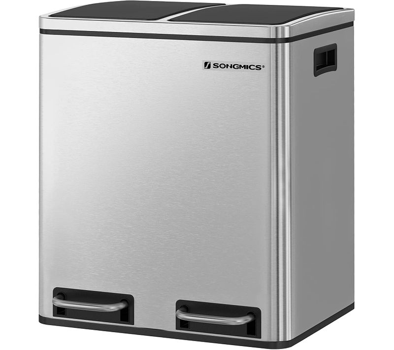 Poubelle Tri Sélectif 2 Bacs, 2 X 15l, Avec Seaux Intérieurs Et Poignées, Argent Et Noir