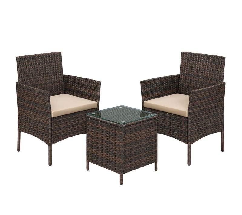 Salon De Jardin Extérieur, Surface Tressée En Pe, Table Et Chaises, Marron Et Taupe