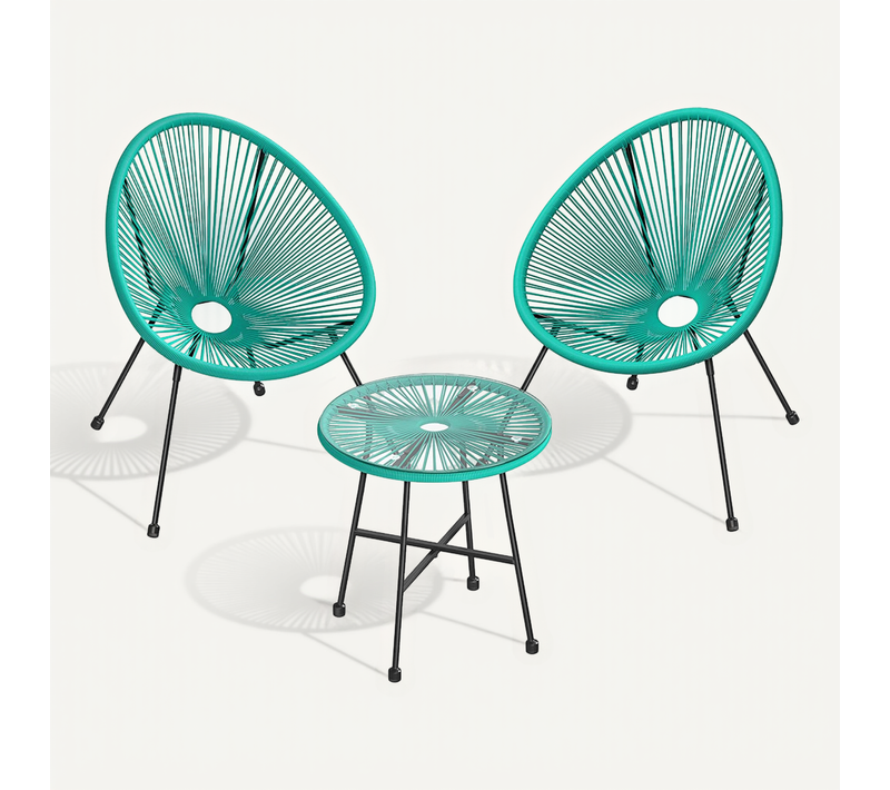 Salon De Jardin, Lot 3 Meubles De Terrasse, Chaises D'extérieur Acapulco, Avec Table En Verre