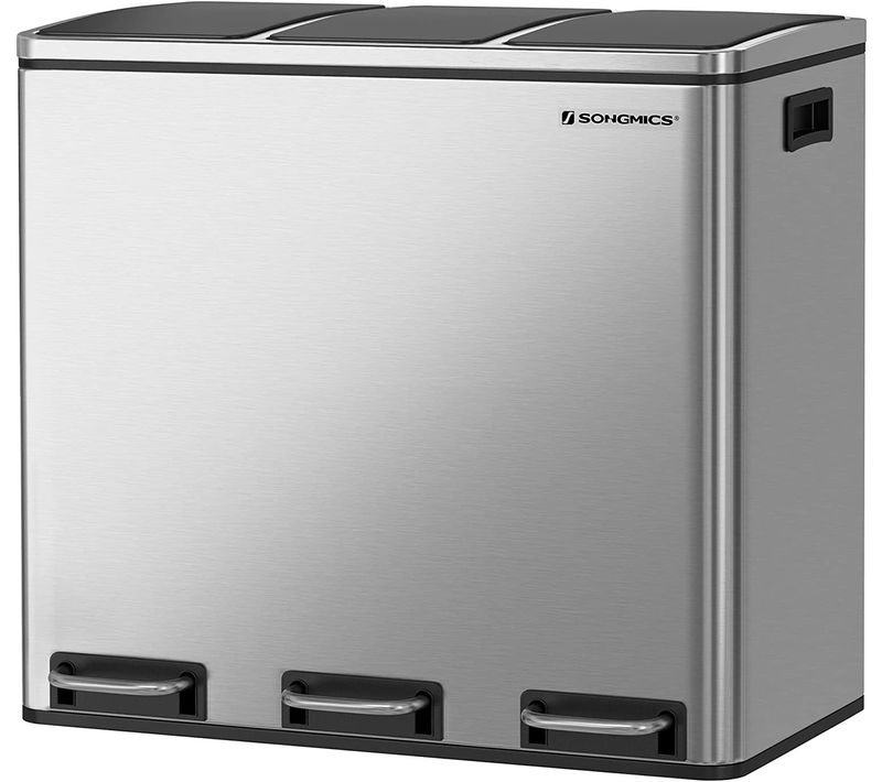 Poubelle Tri Sélectif 3 Bacs, 3 X 18l, Couvercle à Fermeture Lente, Argent Et Noir