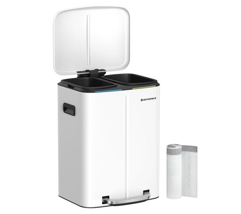 Poubelle De Cuisine 2 X 20l, Poubelle à 2 Compartiments, Pédale En Métal, Blanc