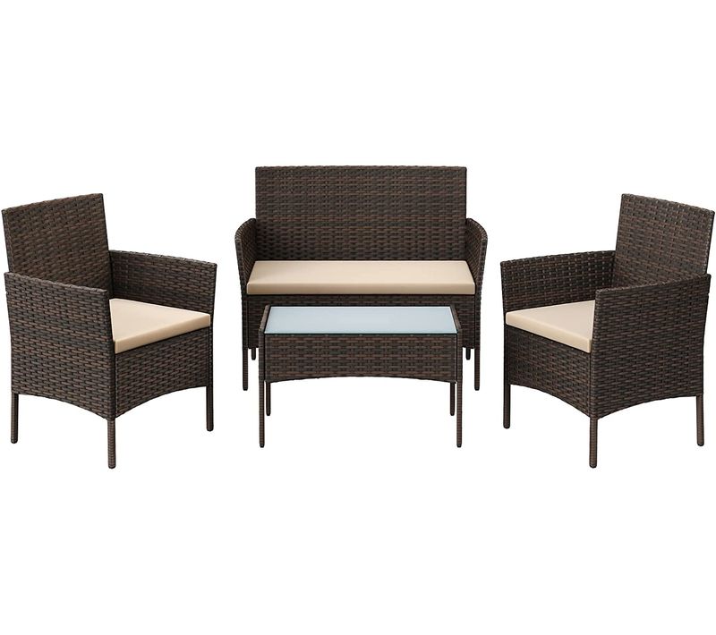 Salon De Jardin 4 places, Résine Tressée PE, Marron