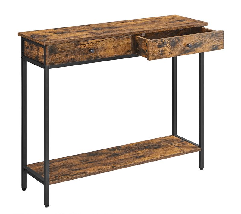 Table Console, Avec 2 Tiroirs, Cadre En Acier, Style Industriel, Marron Rustique Et Noir
