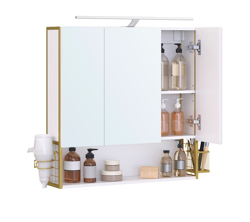 Armoire Murale Avec Miroir, Avec Lampe LED, Avec Câble, Placard 3 Portes, Moderne Chic, Blanc