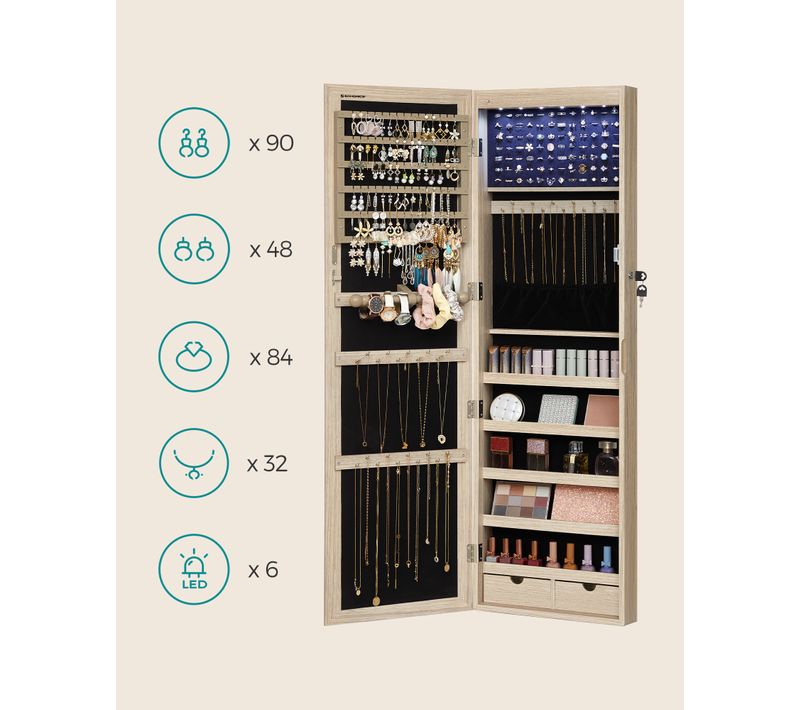 Armoire à Bijoux, Avec Miroir, Divers Compartiments, Verrouillable, 37 X 10 X 120 Cm, Couleur Chêne