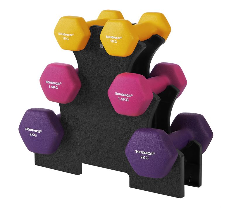 Lot D'haltères Hexagonaux Courts Avec Support D'haltères, 2 X 1 Kg, 2 X 1,5 Kg, 2 X 2 Kg