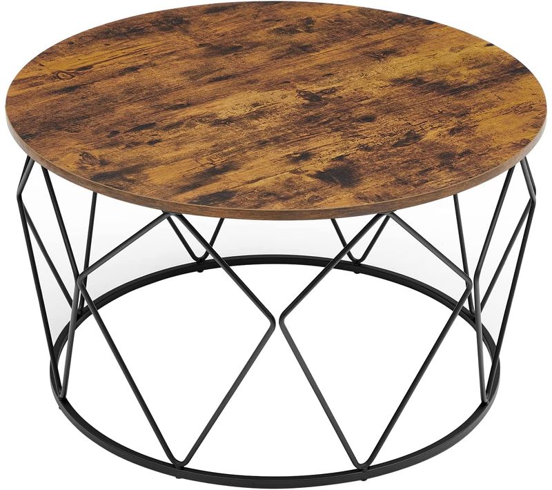 Table Basse Ronde, Cadre En Acier, Pour Salon, Chambre, Bureau, Marron Rustique Et Noir