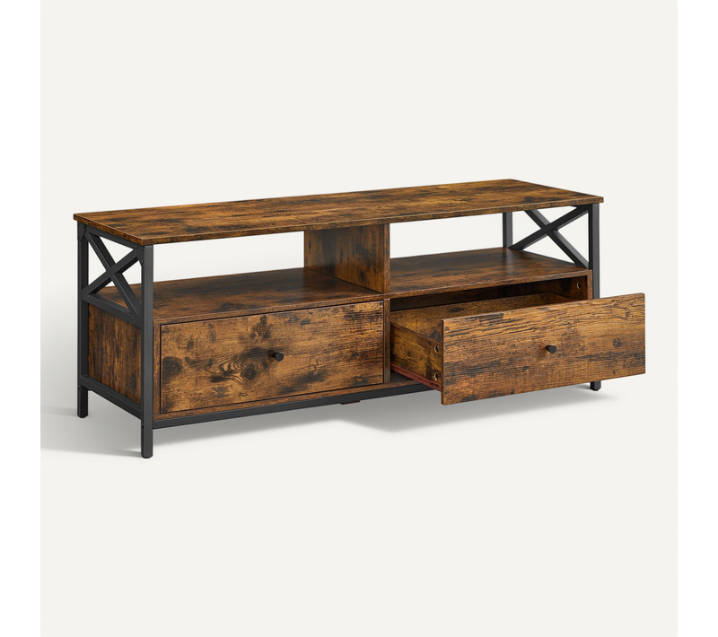 Meuble TV Jusqu'à 55 Pouces, Avec 2 Tiroirs Et 2 Étagères Ouvertes, 120x40x50 Cm, Marron Rustique