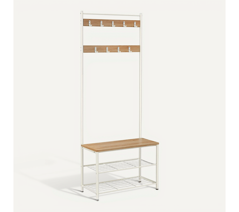 Vestiaire, avec Banc Et Étagères À Chaussures, Hauteur 175 Cm, Couleur Chêne Et Blanc