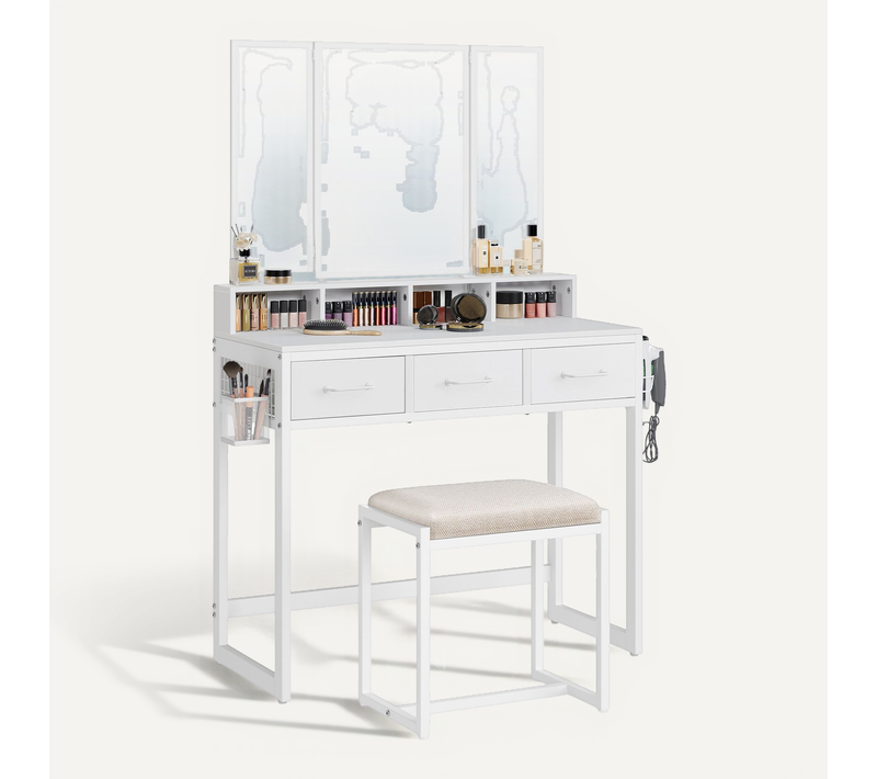 Coiffeuse Avec Tabouret, Miroir Triple, 3 Tiroirs, Porte-sèche-cheveux, Pot, Style Moderne, Blanc