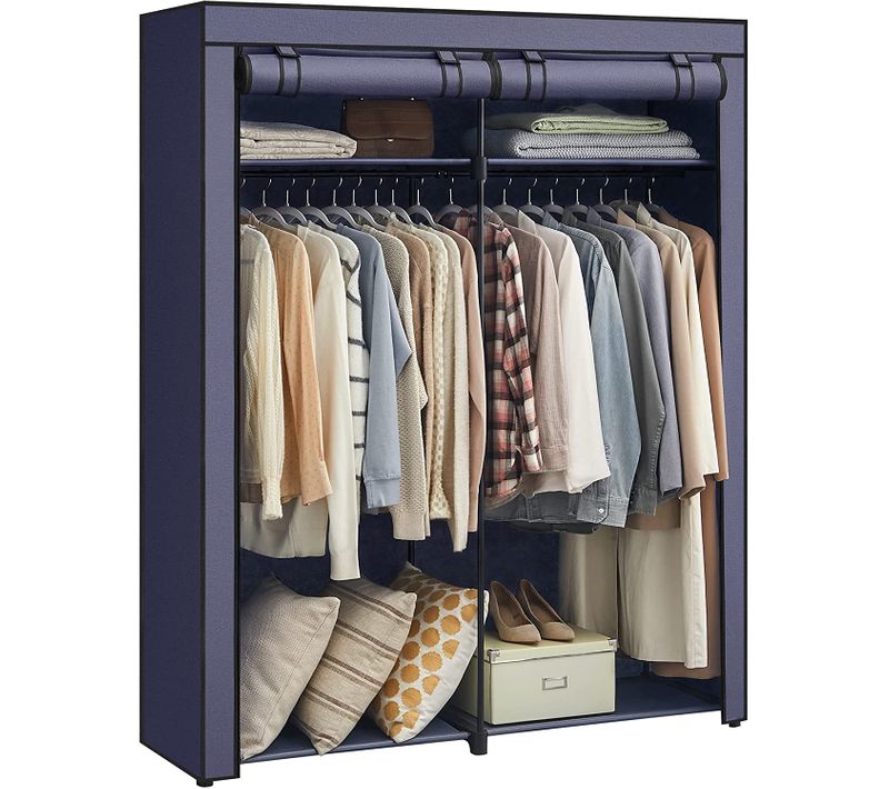 Armoire Chambre, Penderie Avec 2tringles, Porte-vêtements, Housse En Tissu, 43x140x174cm, Bleu Foncé