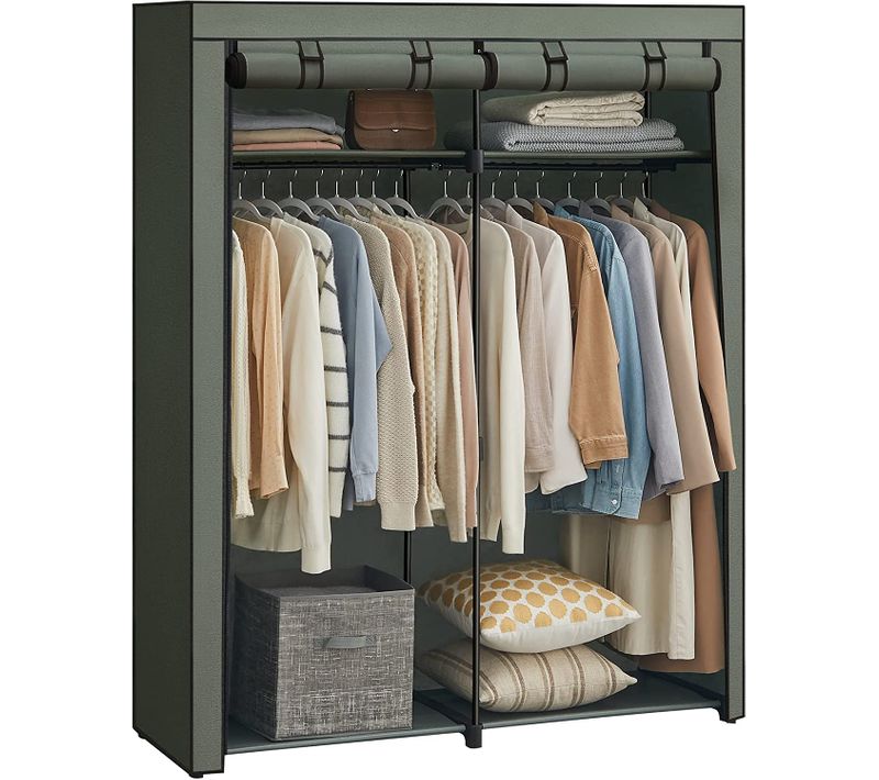 Armoire Chambre, Penderie Avec 2tringles, Porte-vêtements, Housse En Tissu, 43x140x174cm, Vert Olive