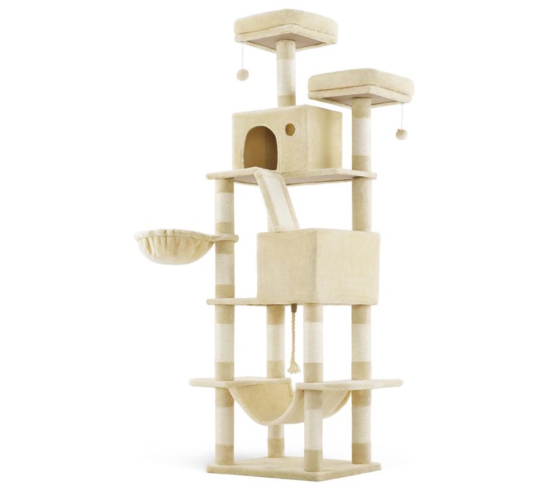 Arbre à Chat, Hauteur 203,5 cm, avec 13 Griffoirs, Multi-niveaux pour Chat d'Intérieur, Beige