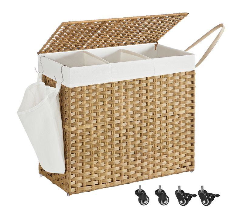 Panier à Linge avec Couvercle et Roulettes, 160 L, Sac Intérieur Amovible, 76 x 33 x 66 cm, Naturel