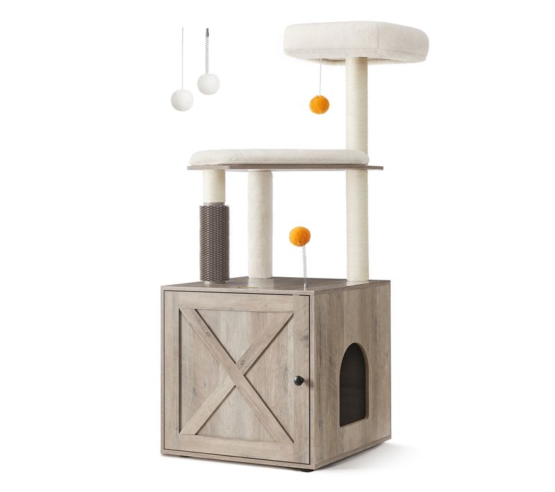 Arbre à Chat Avec Maison De Toilettes, Tour De Jeu Moderne 2-en-1, Grège