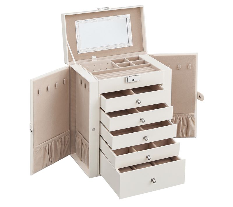 Boîte à Bijoux, Grand, 6 Niveaux Avec Ailes, Tiroirs, Miroir Et Fermoir, Blanc