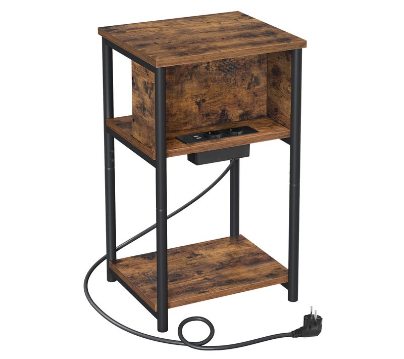Table D'appoint , 2 Prises Ca, 2 Ports USB, 30 X 34 X 58 Cm, Marron Rustique Et Noir