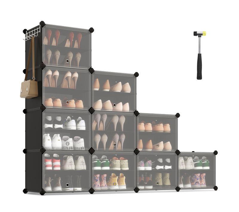 Étagère à Chaussures 10 Compartiments, Compartiment De 30 X 40 X 30 Cm, Panneaux En Plastique, Noir