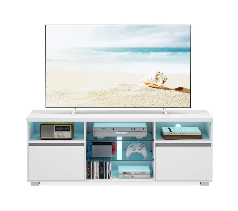 Meuble TV Avec LED, Table Télé Moderne Pour Les Téléviseurs Jusqu’à 70 Pouces, 160 Cm, Blanc