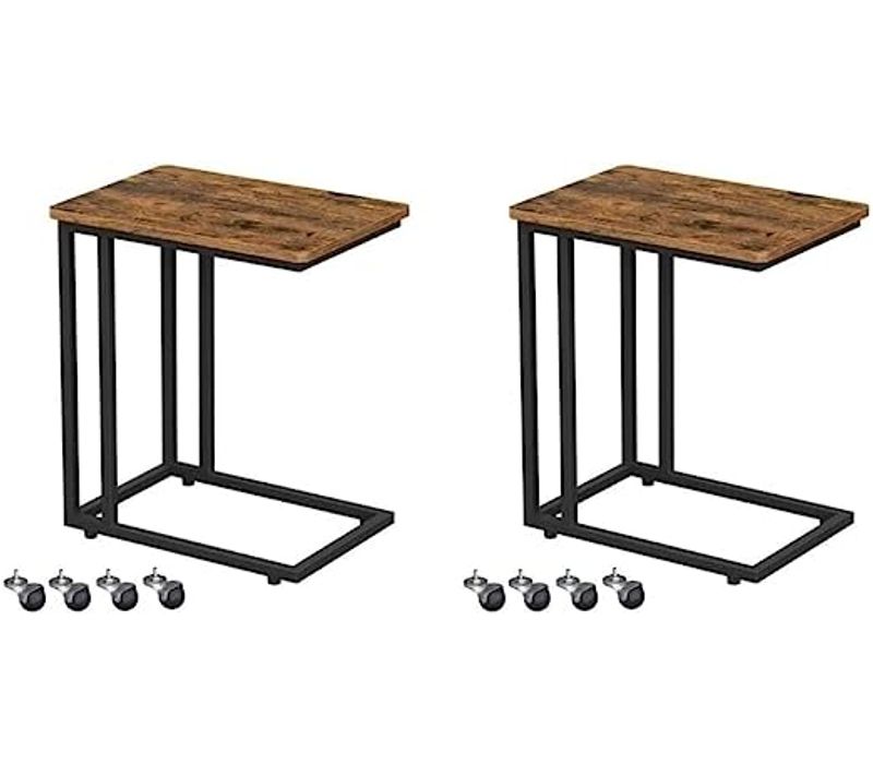 Table D’appoint, Lot De 2, Avec Cadre En Acier Et Roulettes, Marron Rustique Et Noir