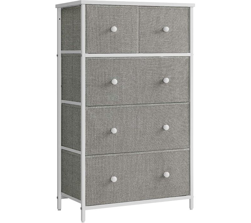 Commodeavec 5 Tiroirs En Tissu, Style Industriel, 56 X 30 X 93 Cm, Gris Clair Et Blanc