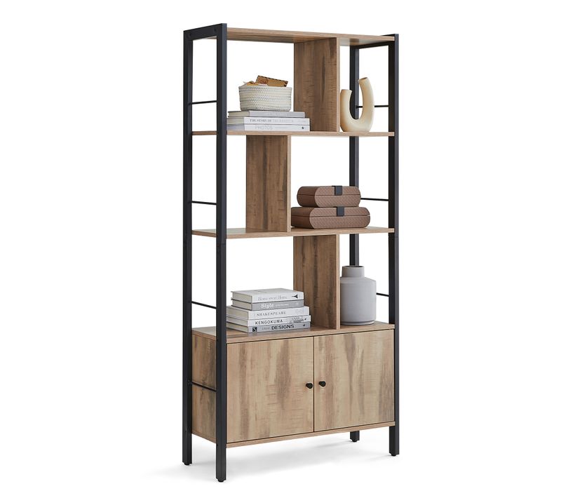 Étagère, Bibliothèque à 4 Niveaux, Avec Portes, Grand, Cadre En Acier, Marron Boisé Et Noir
